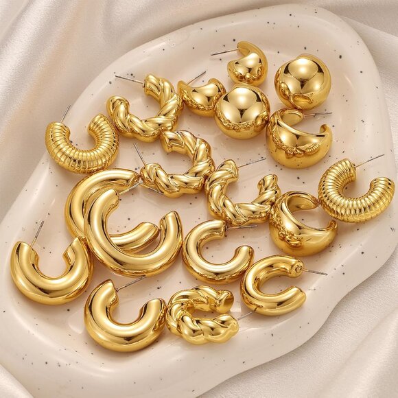 Women's Hypoallergenic Chunky Chain Twisted 24 Pairs Gold Hoop Earrings Set - Picture 4 of 9